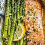 Baked Salmon in Foil with Asparagus and Lemon Garlic Butter Sauce